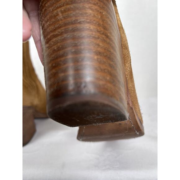 Marc Jacobs Womens Sz 7 M pull on golden brown suede 3 in heel ankle boots - Picture 9 of 9